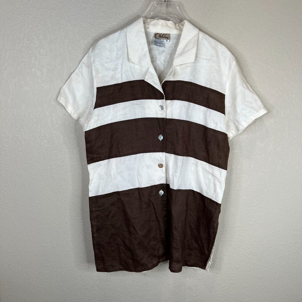 Vintage 90s Cali Womens Shirt Top Size 10 Ivory/Brown Striped Short Sleeve Linen